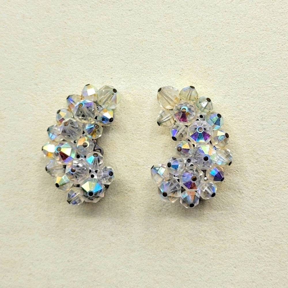 Vintage Beaded Cluster Earrings • by Laguna • Aurora Borealis